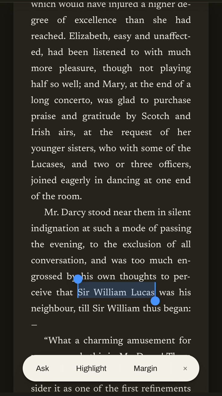 A sentence selected on a phone, with Ask, Highlight and Margin offered along the bottom of the screen.